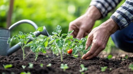 Farmer hands planting to soil tomato seedling in the vegetable garden