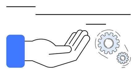 Open hand extended upward, emphasizing assistance or collaboration, with floating gears representing teamwork and mechanisms. Ideal for support, innovation, problem-solving, engineering, automation