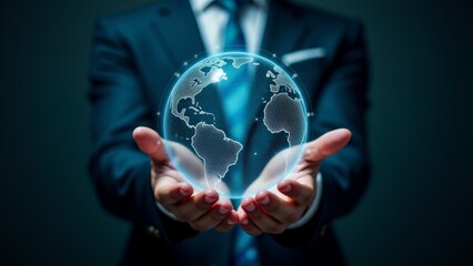 Businessman Holding A Digital Earth Hologram