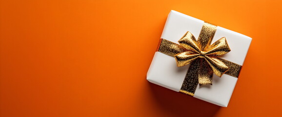 Gift wrapped in gold ribbon on elegant yellow background, festive gift for Christmas, New Year, birthday, anniversary and Valentine's Day. Holiday greeting card. Banner copyspace