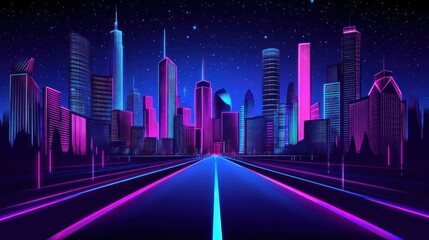 Retro Futuristic Cityscape at Night: Neon Lights and Starry Sky