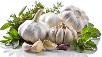 A group of garlic cloves and parsley sprigs arranged on a white background. The garlic bulbs are whole and intact, with some cloves separated. The parsley is fresh and green.