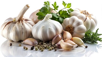 A group of garlic cloves and parsley sprigs arranged on a white background. The garlic bulbs are whole and intact, with some cloves separated. The parsley is fresh and green.