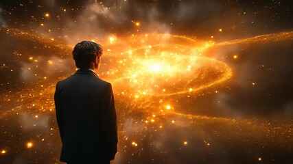 A person in formal attire gazes at a cosmic explosion of colors and light in a surreal space