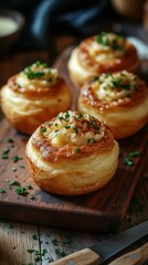 Savory pastry rolls with creamy filling and herbs served on a wooden board in a cozy kitchen setting