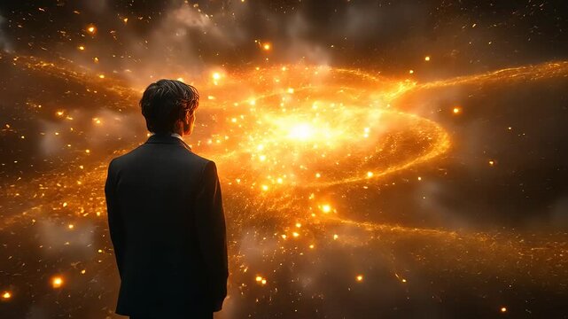 A person in formal attire gazes at a cosmic explosion of colors and light in a surreal space