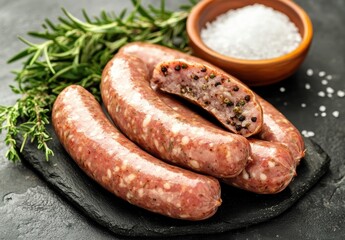Sizzling sausages cooking event kitchen food photography rustic environment close-up view culinary delight