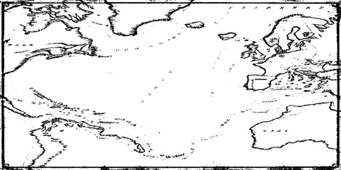 Old broken sanded aged painted facade of rusty smudged daub grime. Rough edges wrinkled plaster of uneven wall.Cracked chipped messy falling stucco. Dirty textured flaking shabby vintage map design.