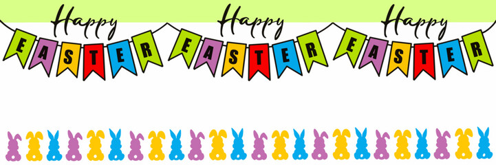 Festive banner for happy easter featuring a garland with bunny silhouettes, Easter eggs, and decorative elements