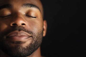 Obraz premium A man's peaceful face, eyes closed in serene contemplation, bathed in soft light against a dark background.