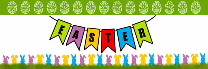 Festive banner for happy easter featuring a garland with bunny silhouettes, Easter eggs, and decorative elements
