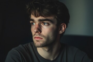 Obraz premium A pensive young man lost in thought, his blue eyes gazing into the distance, captured in moody, shadowed lighting.
