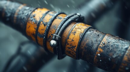Close-up of a weathered, orange and black cylindrical object with metallic clamps, speckled with water droplets