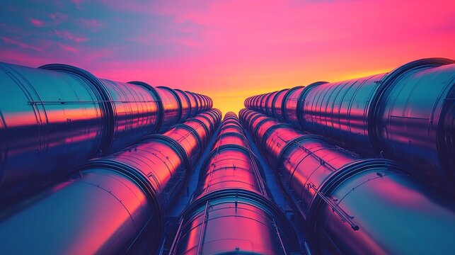Metal pipelines arranged parallel with a vibrant colorful sunset above them