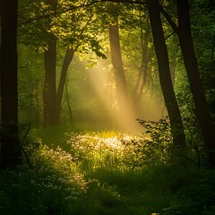 Obraz premium Magical Sunbeams in Misty Forest with Flowers