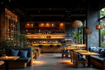Modern, stylish wine bar interior, warm lighting, lush greenery, city view