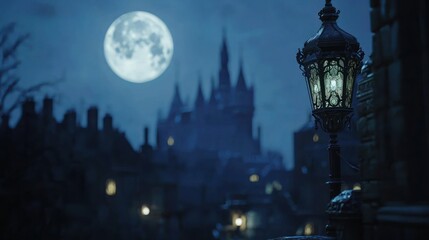 Obraz premium Enchanted Night: A moonlit medieval town with a glowing lantern.