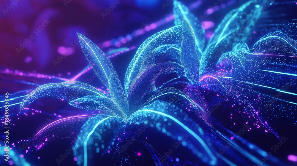 Wall mural a futuristic plant-themed mosaic with luminous neon blue and violet particle streams. geometric ener