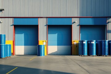 Obraz premium Industrial Building Exterior with Blue Barrels and Loading Docks