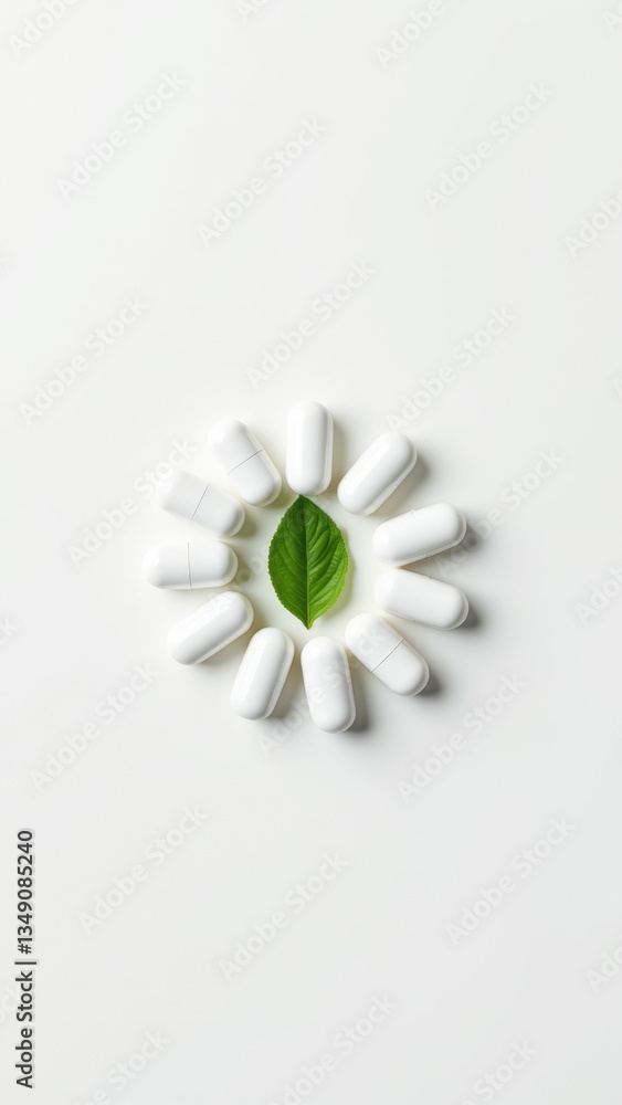 Poster magnesium glycinate supplements arranged to form a flower shape with a leaf at the center on a gradi