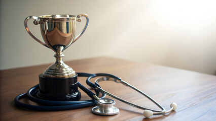 Medical Achievement: A trophy paired with a stethoscope, symbolizing recognition in the medical field and a tribute to doctors.