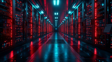 Futuristic Data Center with Neon Lit Server Racks Designed for Advanced Cloud Computing and Cybersecurity