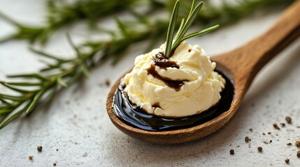 Mascarpone paired with aged balsamic vinegar, elegantly spooned onto a vintage wooden spoon with rosemary sprigs in the background
