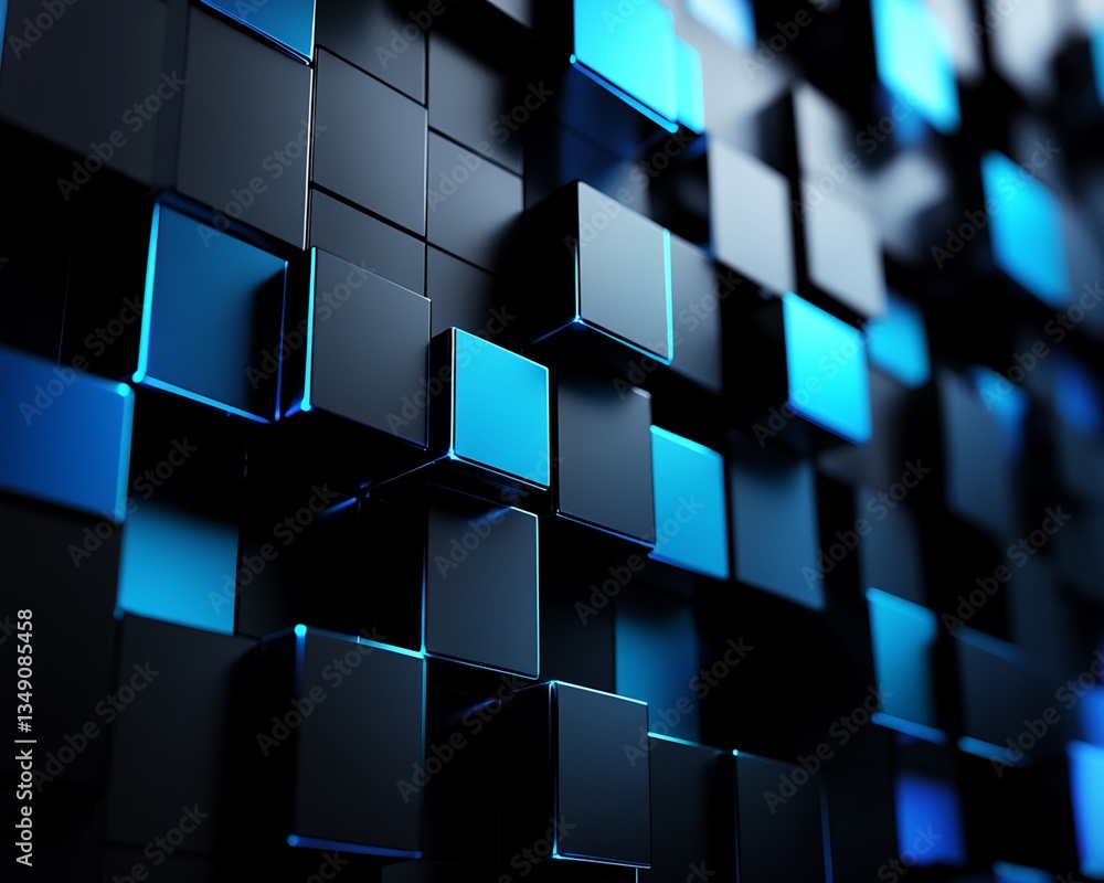 Poster three-dimensional array of black and blue cubes