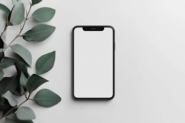 Smartphone with Blank Screen and Eucalyptus Branch on White Background