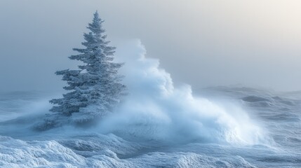 Obraz premium Lone snow-covered evergreen tree endures a blizzard's powerful, swirling snow.
