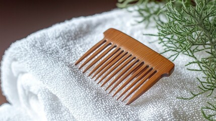 A beautifully crafted handmade neem wood comb with wide teeth, elegantly placed on a soft white towel, perfect for promoting healthy hair growth.