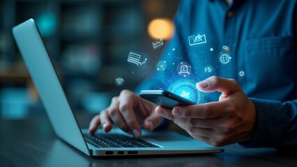 Person Connecting Smartphone To Laptop