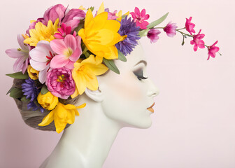 A floral headdress adorns a mannequin's profile against a pink background