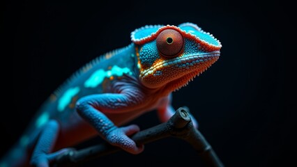 Vibrant Chameleon Perched On Branch- Dark Background