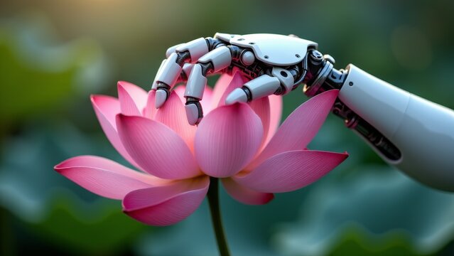 Robot Hand Gently Touches Pink Lotus - Powered by Adobe