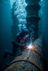 Diver welding pipes underwater
