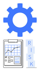 Blue gear above clipboard with line graph, checkbox, and metrics next to stacked blocks forming RISK. Ideal for strategy, process, decision-making, analytics, risk, workflow abstract line flat