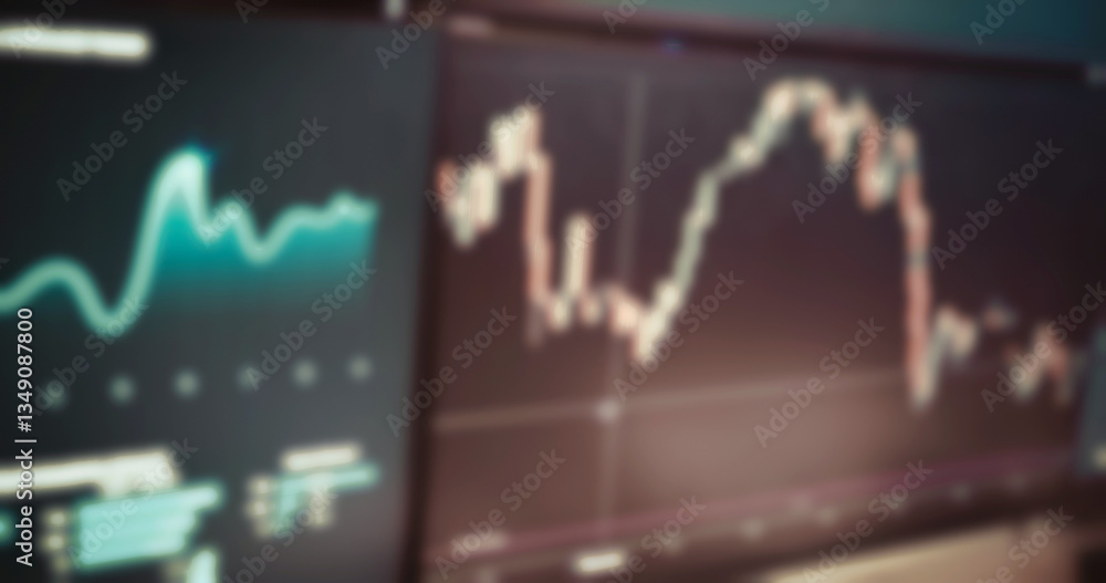 Poster stock market, blur computer screen and financial graphs for trading, trends analytics or global exch