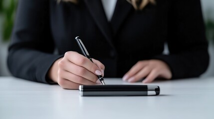 Woman signing a document
