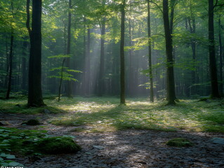 Obraz premium Sunlight streams through vibrant green leaves in a peaceful forest, illuminating the ground covered with moss and leaves. This enchanting scene invites tranquility and nature's beauty