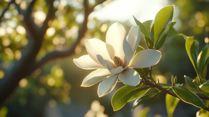 Fototapeta premium Magnificent magnolia bloom catching spring sunlight in a serene garden setting