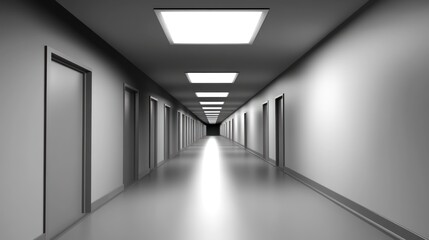 Long, empty corridor with evenly spaced doors and bright ceiling lights.