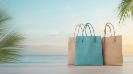 Three stylish bags sit on a wooden surface, with a serene beach background and palm leaves framing the scene, evoking a relaxed, tropical atmosphere, sustainable living lifestyle.