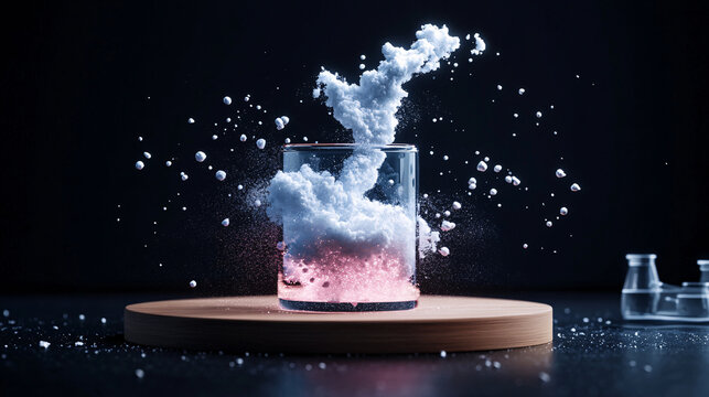 dramatic chemical reaction occurs as baking soda and vinegar mix in glass, creating bubbling, foamy explosion against dark background. scene is dynamic and captivating