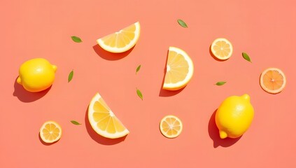 Vibrant Lemon and Citrus Slice Pattern on Coral Background