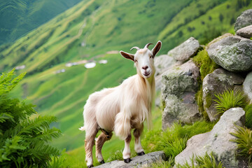 Obraz premium Curious Goat Standing in a Green Pasture