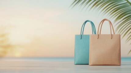 Two stylish woven tote bags sit against a serene beach backdrop, evoking a sense of relaxation and summer vibes, sustainable living lifestyle.