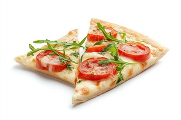 Delicious Pizza Slices with Tomato and Arugula on White Background