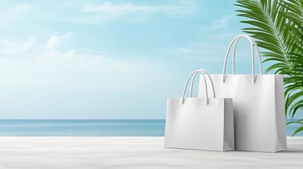 Two empty white shopping bags sit on a wooden surface, with a serene ocean and blue sky backdrop, framed by a green palm leaf, sustainable living lifestyle.