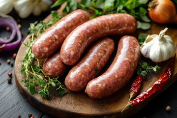 Cooking event homemade sausages preparation kitchen food photography rustic environment close-up view culinary art